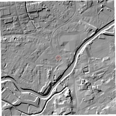 Shaded relief map of the ground around TA11TQ, computed from Environment Agency LiDAR. The ground here sits at about 15 m above sea level and falls 8 m across the surrounding 800 m. Surface water reaching this point runs off ground lying to the south-south-west, 3.8 m higher.