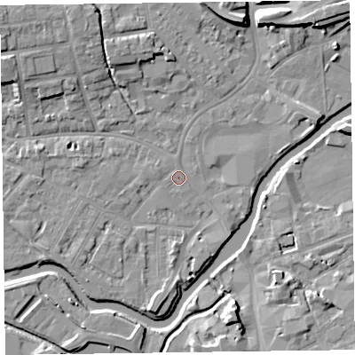 Shaded relief map of the ground around TA11TW, computed from Environment Agency LiDAR. The ground here sits at about 15 m above sea level and falls 9 m across the surrounding 800 m. Surface water reaching this point runs off ground lying to the west-north-west, 0.7 m higher.