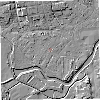 Shaded relief map of the ground around TA11TZ, computed from Environment Agency LiDAR. The ground here sits at about 15 m above sea level and falls 8 m across the surrounding 800 m. Surface water reaching this point runs off ground lying to the south-west, 1.7 m higher.
