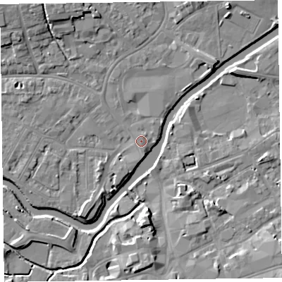 Shaded relief map of the ground around TA11UB, computed from Environment Agency LiDAR. The ground here sits at about 15 m above sea level and falls 9 m across the surrounding 800 m. Surface water reaching this point runs off ground lying to the north-east, 0.8 m higher.
