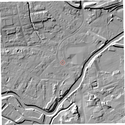 Shaded relief map of the ground around TA11UD, computed from Environment Agency LiDAR. The ground here sits at about 15 m above sea level and falls 9 m across the surrounding 800 m. Surface water reaching this point runs off ground lying to the south-south-west, 4.0 m higher.