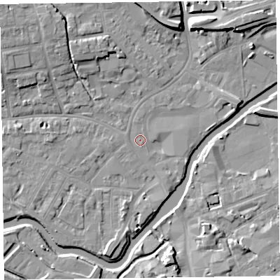 Shaded relief map of the ground around TA11UE, computed from Environment Agency LiDAR. The ground here sits at about 15 m above sea level and falls 9 m across the surrounding 800 m. Surface water reaching this point runs off ground lying to the south-south-west, 4.0 m higher.