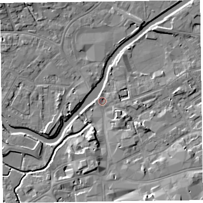 Shaded relief map of the ground around TA11UG, computed from Environment Agency LiDAR. The ground here sits at about 16 m above sea level and falls 11 m across the surrounding 800 m. Surface water reaching this point runs off ground lying to the south-south-east, 9.5 m higher.