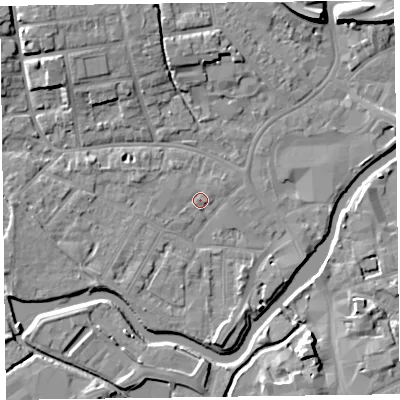 Shaded relief map of the ground around TA11UL, computed from Environment Agency LiDAR. The ground here sits at about 16 m above sea level and falls 9 m across the surrounding 800 m. Surface water reaching this point runs off ground lying to the west-south-west, 0.6 m higher.
