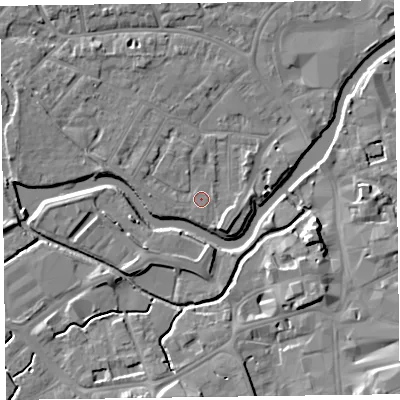 Shaded relief map of the ground around TA11UP, computed from Environment Agency LiDAR. The ground here sits at about 16 m above sea level and falls 11 m across the surrounding 800 m. Surface water reaching this point runs off ground lying to the west, 1.4 m higher.