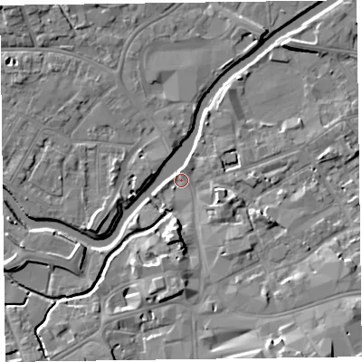 Shaded relief map of the ground around TA11UQ, computed from Environment Agency LiDAR. The ground here sits at about 15 m above sea level and falls 12 m across the surrounding 800 m. Surface water reaching this point runs off ground lying to the south-east, 10.0 m higher.