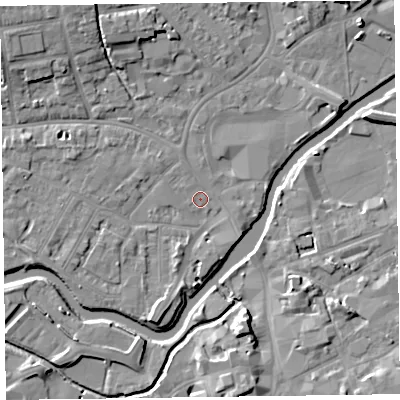 Shaded relief map of the ground around TA11UR, computed from Environment Agency LiDAR. The ground here sits at about 15 m above sea level and falls 8 m across the surrounding 800 m. Surface water reaching this point runs off ground lying to the south-south-west, 3.8 m higher.