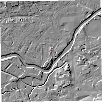 Shaded relief map of the ground around TA11US, computed from Environment Agency LiDAR. The ground here sits at about 16 m above sea level and falls 11 m across the surrounding 800 m. Surface water reaching this point runs off ground lying to the south-south-west, 3.7 m higher.