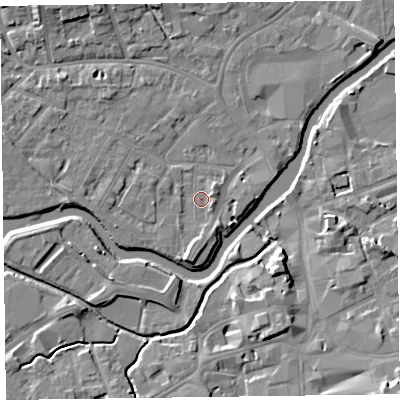 Shaded relief map of the ground around TA11UT, computed from Environment Agency LiDAR. The ground here sits at about 15 m above sea level and falls 11 m across the surrounding 800 m. Surface water reaching this point runs off ground lying to the south-south-west, 3.3 m higher.