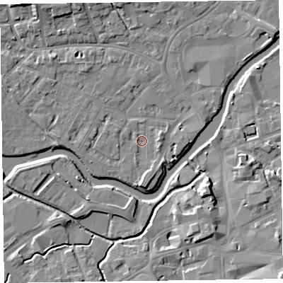Shaded relief map of the ground around TA11UU, computed from Environment Agency LiDAR. The ground here sits at about 15 m above sea level and falls 10 m across the surrounding 800 m. Surface water reaching this point runs off ground lying to the south, 3.3 m higher.
