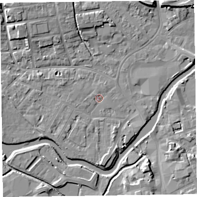 Shaded relief map of the ground around TA11UW, computed from Environment Agency LiDAR. The ground here sits at about 15 m above sea level and falls 9 m across the surrounding 800 m. Surface water reaching this point runs off ground lying to the south, 3.5 m higher.