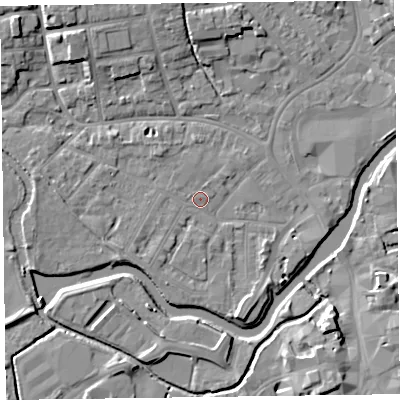 Shaded relief map of the ground around TA11UX, computed from Environment Agency LiDAR. The ground here sits at about 15 m above sea level and falls 8 m across the surrounding 800 m. Surface water reaching this point runs off ground lying to the west-south-west, 1.9 m higher.