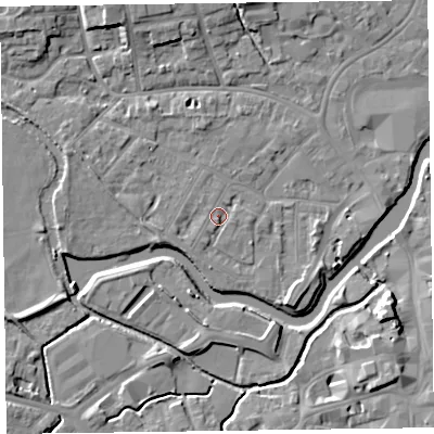 Shaded relief map of the ground around TA11UY, computed from Environment Agency LiDAR. The ground here sits at about 16 m above sea level and falls 8 m across the surrounding 800 m. Surface water reaching this point runs off ground lying to the south-west, 1.7 m higher.