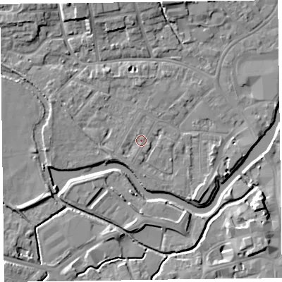 Shaded relief map of the ground around TA11UZ, computed from Environment Agency LiDAR. The ground here sits at about 16 m above sea level and falls 8 m across the surrounding 800 m. Surface water reaching this point runs off ground lying to the west-south-west, 1.3 m higher.