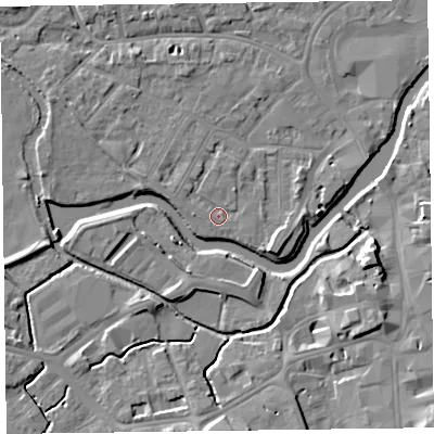 Shaded relief map of the ground around TA11XA, computed from Environment Agency LiDAR. The ground here sits at about 16 m above sea level and falls 9 m across the surrounding 800 m. Surface water reaching this point runs off ground lying to the west, 1.4 m higher.