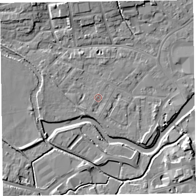 Shaded relief map of the ground around TA11XB, computed from Environment Agency LiDAR. The ground here sits at about 16 m above sea level and falls 8 m across the surrounding 800 m. Surface water reaching this point runs off ground lying to the south-south-west, 1.3 m higher.