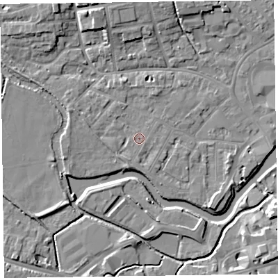 Shaded relief map of the ground around TA11XD, computed from Environment Agency LiDAR. The ground here sits at about 16 m above sea level and falls 8 m across the surrounding 800 m. Surface water reaching this point runs off ground lying to the south-south-west, 0.7 m higher.