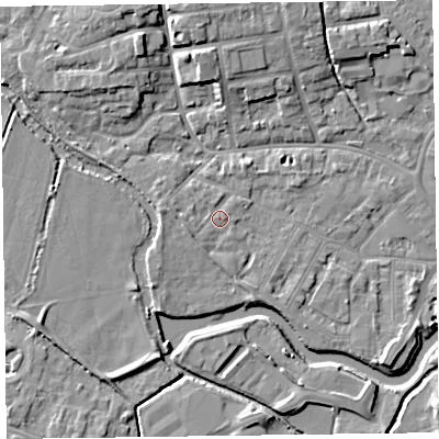 Shaded relief map of the ground around TA11XF, computed from Environment Agency LiDAR. The ground here sits at about 16 m above sea level and falls 8 m across the surrounding 800 m. Surface water reaching this point runs off ground lying to the west, 1.6 m higher.