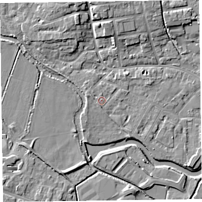 Shaded relief map of the ground around TA11XG, computed from Environment Agency LiDAR. The ground here sits at about 17 m above sea level and falls 8 m across the surrounding 800 m. Surface water reaching this point runs off ground lying to the west-north-west, 1.5 m higher.