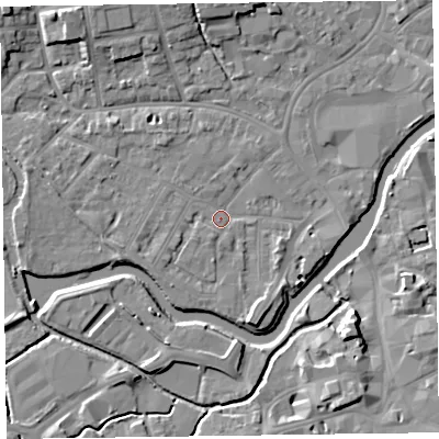 Shaded relief map of the ground around TA11XL, computed from Environment Agency LiDAR. The ground here sits at about 15 m above sea level and falls 8 m across the surrounding 800 m. Surface water reaching this point runs off ground lying to the south-south-east, 3.5 m higher.