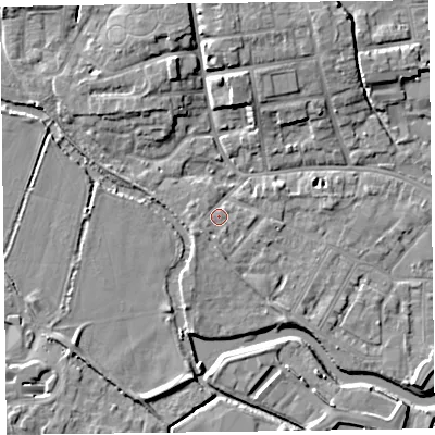 Shaded relief map of the ground around TA11XQ, computed from Environment Agency LiDAR. The ground here sits at about 16 m above sea level and falls 8 m across the surrounding 800 m. Surface water reaching this point runs off ground lying to the south-west, 1.3 m higher.
