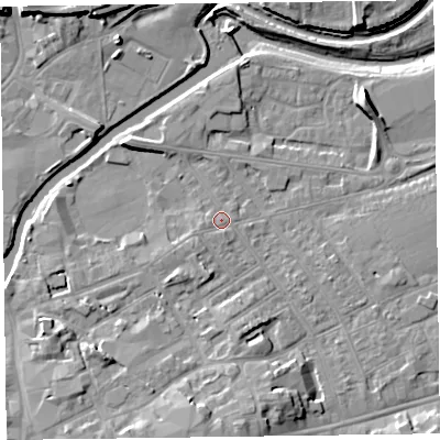 Shaded relief map of the ground around TA11XX, computed from Environment Agency LiDAR. The ground here sits at about 16 m above sea level and falls 11 m across the surrounding 800 m. Surface water reaching this point runs off ground lying to the west-south-west, 1.2 m higher.