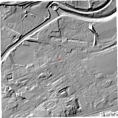 Shaded relief map of the ground around TA11XY, computed from Environment Agency LiDAR. The ground here sits at about 15 m above sea level and falls 11 m across the surrounding 800 m. Surface water reaching this point runs off ground lying to the south-west, 1.4 m higher.
