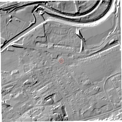 Shaded relief map of the ground around TA11XZ, computed from Environment Agency LiDAR. The ground here sits at about 15 m above sea level and falls 11 m across the surrounding 800 m. Surface water reaching this point runs off ground lying to the south-south-west, 7.2 m higher.