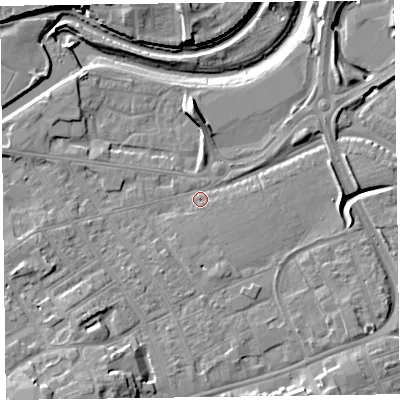 Shaded relief map of the ground around TA11YA, computed from Environment Agency LiDAR. The ground here sits at about 15 m above sea level and falls 11 m across the surrounding 800 m. Surface water reaching this point runs off ground lying to the east, 3.8 m higher.