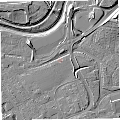 Shaded relief map of the ground around TA11YB, computed from Environment Agency LiDAR. The ground here sits at about 15 m above sea level and falls 15 m across the surrounding 800 m. Surface water reaching this point runs off ground lying to the south-east, 3.8 m higher.
