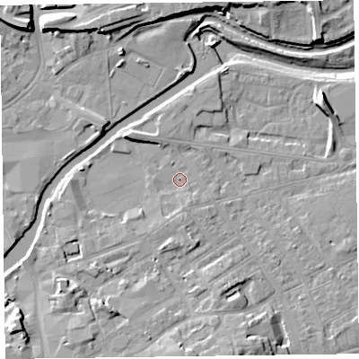 Shaded relief map of the ground around TA11YD, computed from Environment Agency LiDAR. The ground here sits at about 15 m above sea level and falls 11 m across the surrounding 800 m. Surface water reaching this point runs off ground lying to the south-south-west, 2.0 m higher.