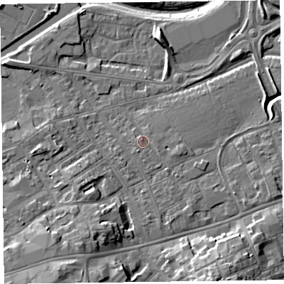 Shaded relief map of the ground around TA11YE, computed from Environment Agency LiDAR. The ground here sits at about 16 m above sea level and falls 13 m across the surrounding 800 m. Surface water reaching this point runs off ground lying to the east-south-east, 1.3 m higher.