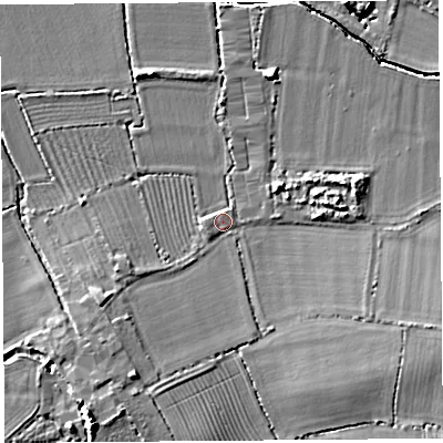 Shaded relief map of the ground around TA126AD, computed from Environment Agency LiDAR. The ground here sits at about 15 m above sea level and falls 8 m across the surrounding 800 m. Surface water reaching this point runs off ground lying to the south-east, 4.8 m higher.