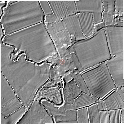Shaded relief map of the ground around TA126AE, computed from Environment Agency LiDAR. The ground here sits at about 17 m above sea level and falls 9 m across the surrounding 800 m. Surface water reaching this point runs off ground lying to the east-north-east, 0.7 m higher.