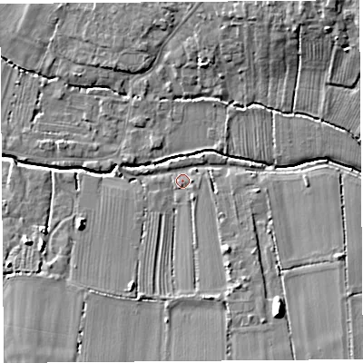 Shaded relief map of the ground around TA126AF, computed from Environment Agency LiDAR. The ground here sits at about 16 m above sea level and falls 11 m across the surrounding 800 m. Surface water reaching this point runs off ground lying to the south-south-east, 4.6 m higher.