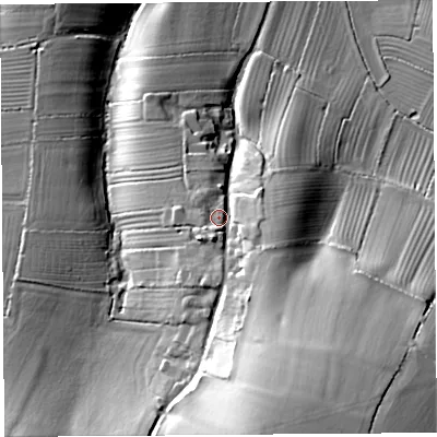 Shaded relief map of the ground around TA126AJ, computed from Environment Agency LiDAR. The ground here sits at about 34 m above sea level and falls 43 m across the surrounding 800 m. Surface water reaching this point runs off ground lying to the south-south-east, 11.4 m higher.