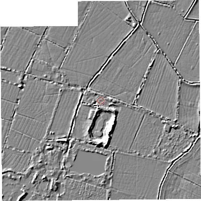 Shaded relief map of the ground around TA126AP, computed from Environment Agency LiDAR. The ground here sits at about 9 m above sea level and falls 6 m across the surrounding 800 m. Surface water reaching this point runs off ground lying to the south-west, 3.6 m higher.
