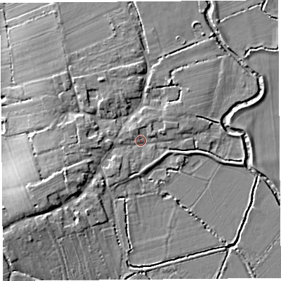 Shaded relief map of the ground around TA126AU, computed from Environment Agency LiDAR. The ground here sits at about 13 m above sea level and falls 11 m across the surrounding 800 m. Surface water reaching this point runs off ground lying to the west-south-west, 6.9 m higher.