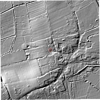 Shaded relief map of the ground around TA126AY, computed from Environment Agency LiDAR. The ground here sits at about 13 m above sea level and falls 15 m across the surrounding 800 m. Surface water reaching this point runs off ground lying to the south, 2.7 m higher.