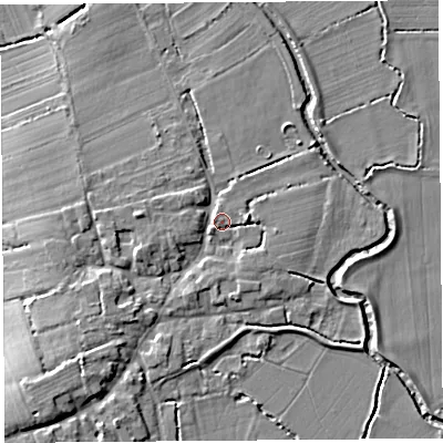 Shaded relief map of the ground around TA126BB, computed from Environment Agency LiDAR. The ground here sits at about 13 m above sea level and falls 10 m across the surrounding 800 m. Surface water reaching this point runs off ground lying to the south-west, 3.4 m higher.