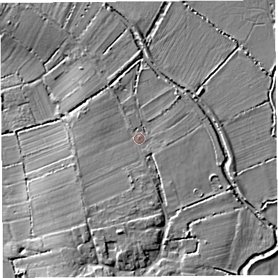 Shaded relief map of the ground around TA126BG, computed from Environment Agency LiDAR. The ground here sits at about 12 m above sea level and falls 8 m across the surrounding 800 m. Surface water reaching this point runs off ground lying to the south-south-west, 3.3 m higher.