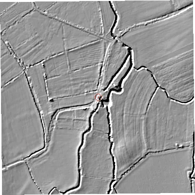 Shaded relief map of the ground around TA126BY, computed from Environment Agency LiDAR. The ground here sits at about 13 m above sea level and falls 7 m across the surrounding 800 m. Surface water reaching this point runs off ground lying to the south-south-east, 4.2 m higher.