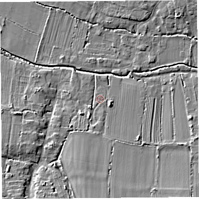 Shaded relief map of the ground around TA126FA, computed from Environment Agency LiDAR. The ground here sits at about 17 m above sea level and falls 9 m across the surrounding 800 m. Surface water reaching this point runs off ground lying to the south-south-west, 2.7 m higher.
