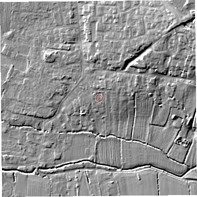 Shaded relief map of the ground around TA126JJ, computed from Environment Agency LiDAR. The ground here sits at about 19 m above sea level and falls 21 m across the surrounding 800 m. Surface water reaching this point runs off ground lying to the north-north-east, 1.2 m higher.