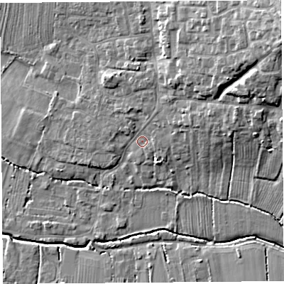 Shaded relief map of the ground around TA126JL, computed from Environment Agency LiDAR. The ground here sits at about 18 m above sea level and falls 18 m across the surrounding 800 m. Surface water reaching this point runs off ground lying to the east-north-east, 3.6 m higher.