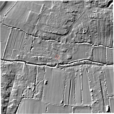 Shaded relief map of the ground around TA126JN, computed from Environment Agency LiDAR. The ground here sits at about 16 m above sea level and falls 12 m across the surrounding 800 m. Surface water reaching this point runs off ground lying to the east, 1.2 m higher.