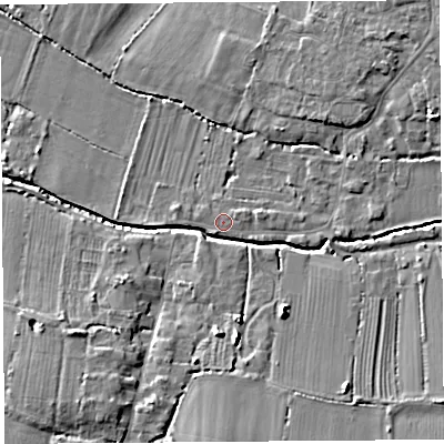 Shaded relief map of the ground around TA126JP, computed from Environment Agency LiDAR. The ground here sits at about 16 m above sea level and falls 8 m across the surrounding 800 m. Surface water reaching this point runs off ground lying to the east, 1.1 m higher.