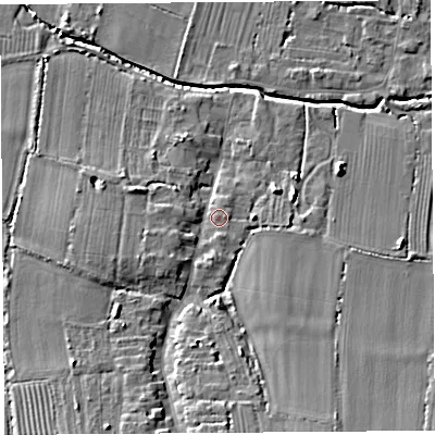 Shaded relief map of the ground around TA126JU, computed from Environment Agency LiDAR. The ground here sits at about 18 m above sea level and falls 11 m across the surrounding 800 m. Surface water reaching this point runs off ground lying to the west-south-west, 3.4 m higher.
