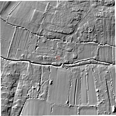 Shaded relief map of the ground around TA126JW, computed from Environment Agency LiDAR. The ground here sits at about 16 m above sea level and falls 12 m across the surrounding 800 m. Surface water reaching this point runs off ground lying to the west, 0.9 m higher.