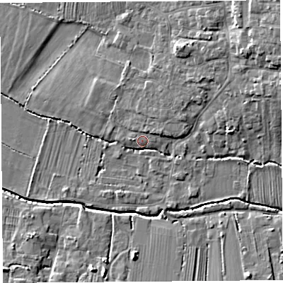 Shaded relief map of the ground around TA126LU, computed from Environment Agency LiDAR. The ground here sits at about 17 m above sea level and falls 12 m across the surrounding 800 m. Surface water reaching this point runs off ground lying to the north-north-east, 3.0 m higher.
